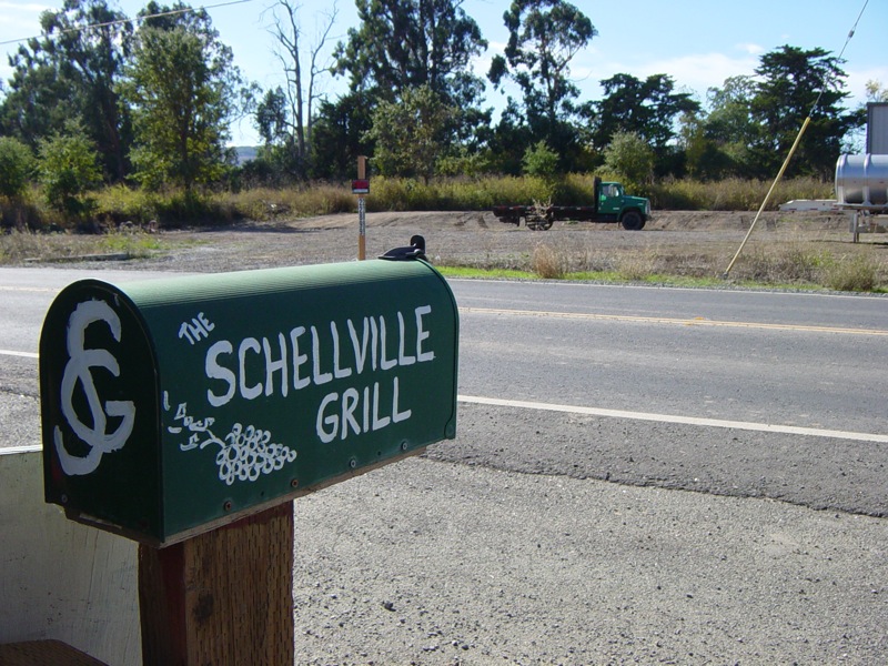a green street sign in front of a rural road