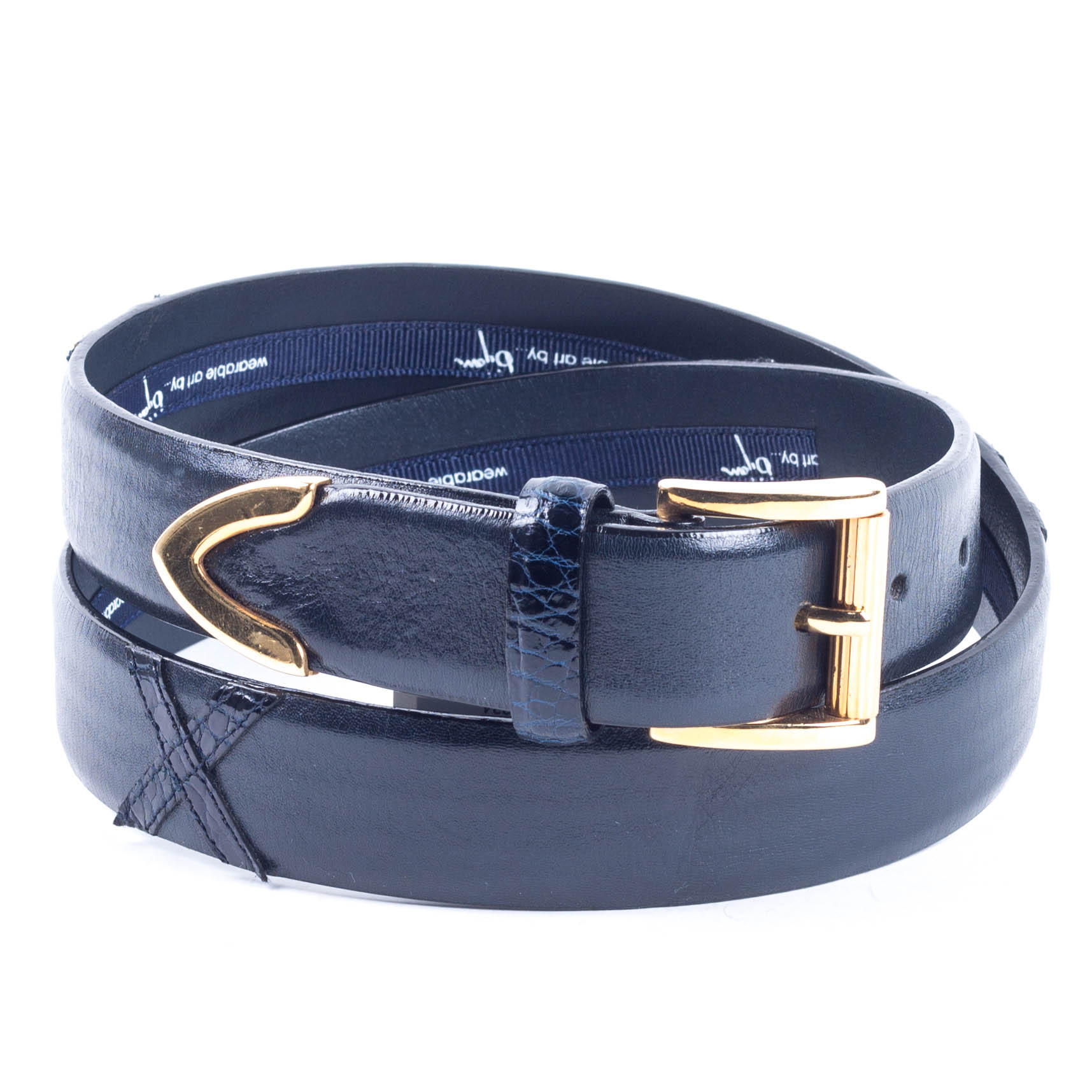 a belt with gold - toned hardware and black leather