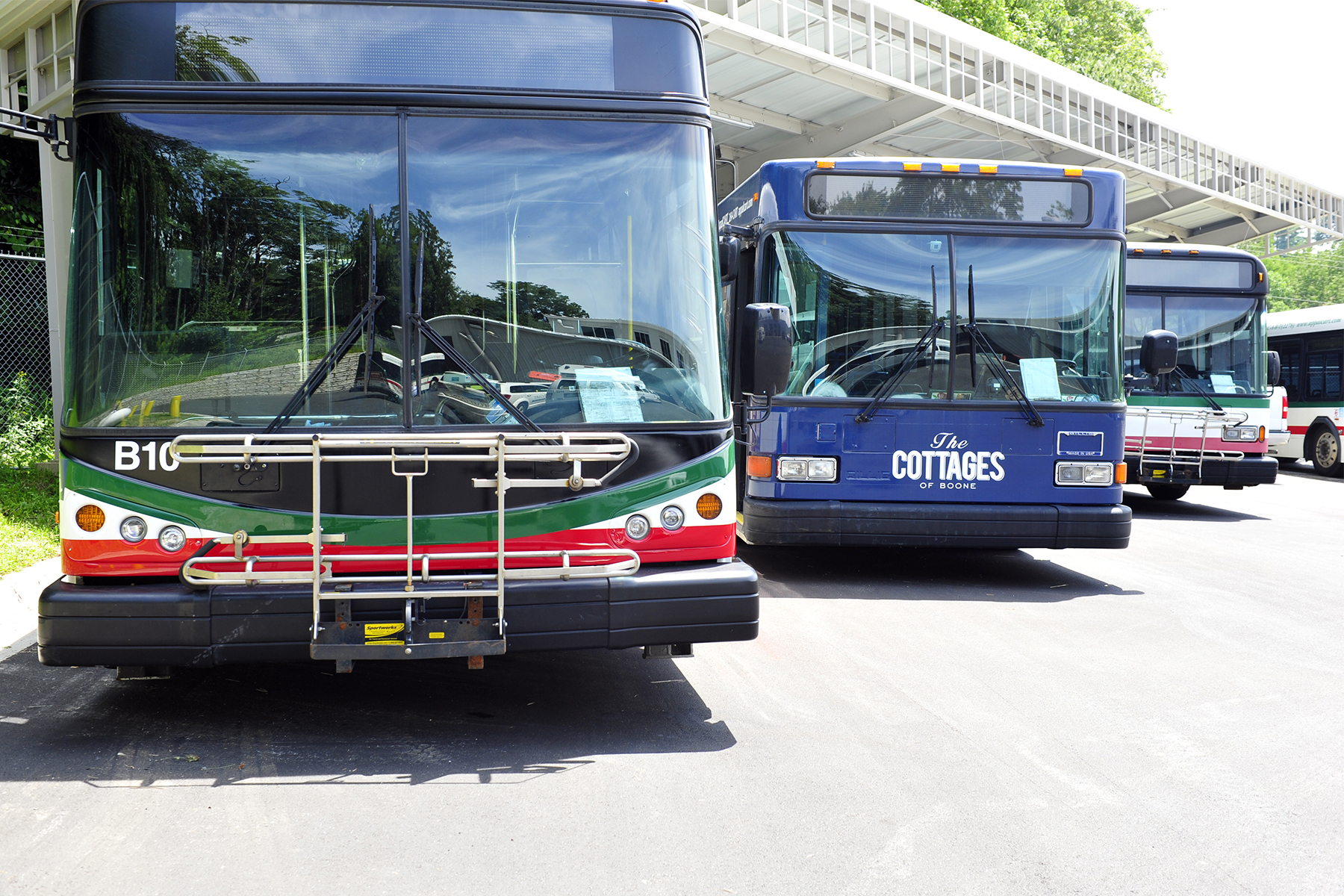three buses are parked side by side near each other