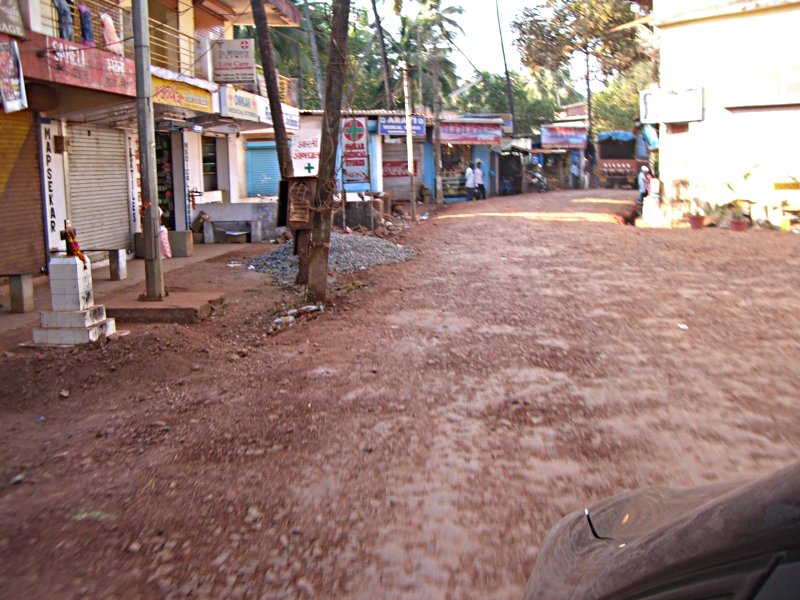 a dirt street lined with parked vehicles next to a tree