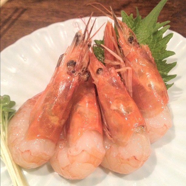 shrimp on a plate with green leaves and chopsticks