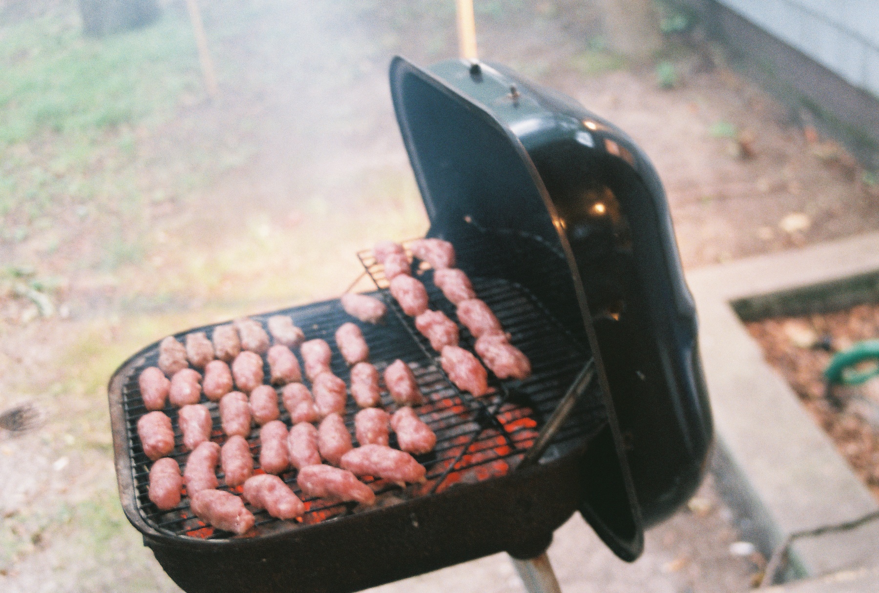 an outdoor grill on the side of a street that has  dogs on it