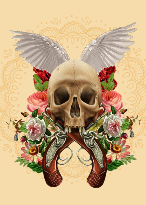 a skull on a rifle with roses, feathers, and wings