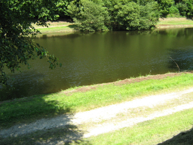a pond in front of some grassy area near a river
