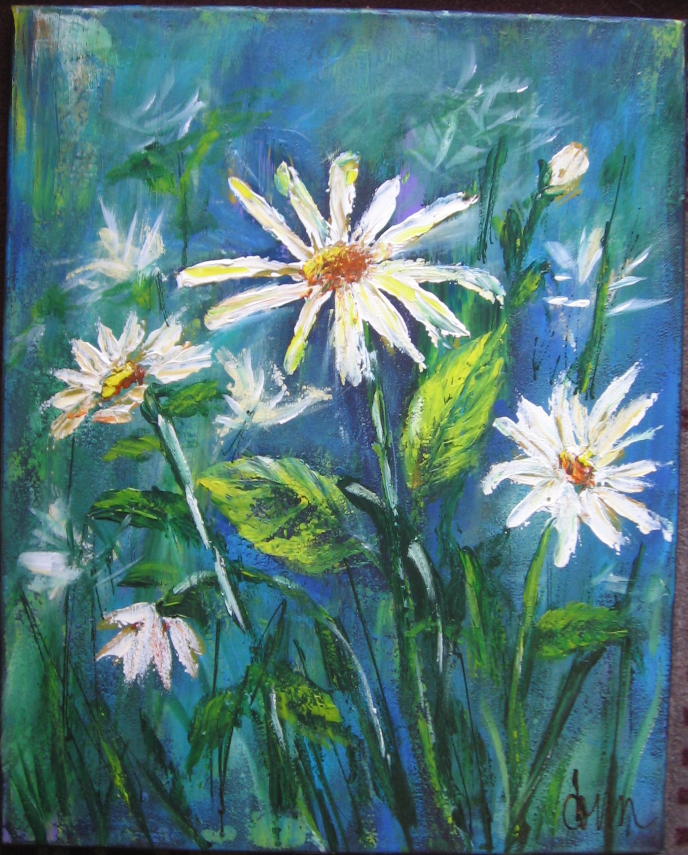 a painting with some daisies in front of blue background