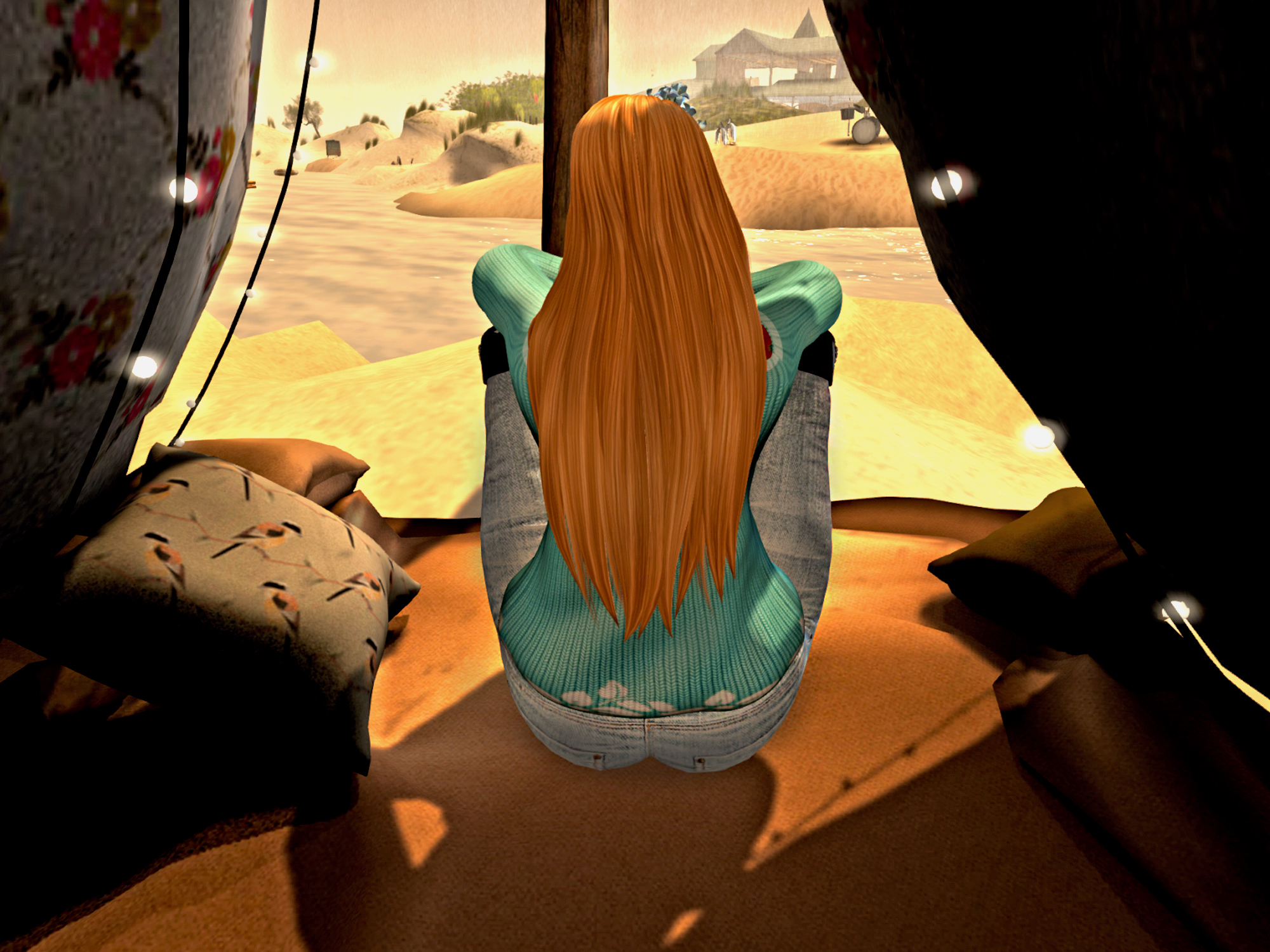 an animated image of a woman leaning forward