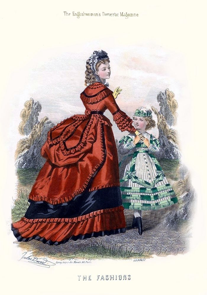 a drawing of a lady wearing a red dress and holding the collar of another woman's dress