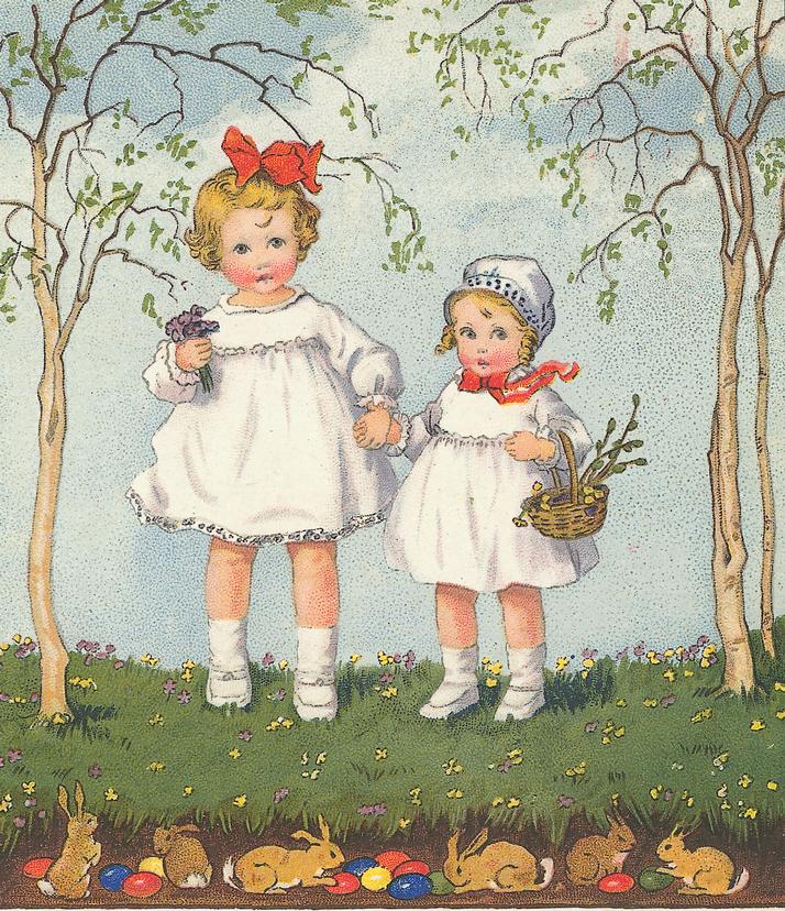 an old postcard with two little girls wearing white clothes