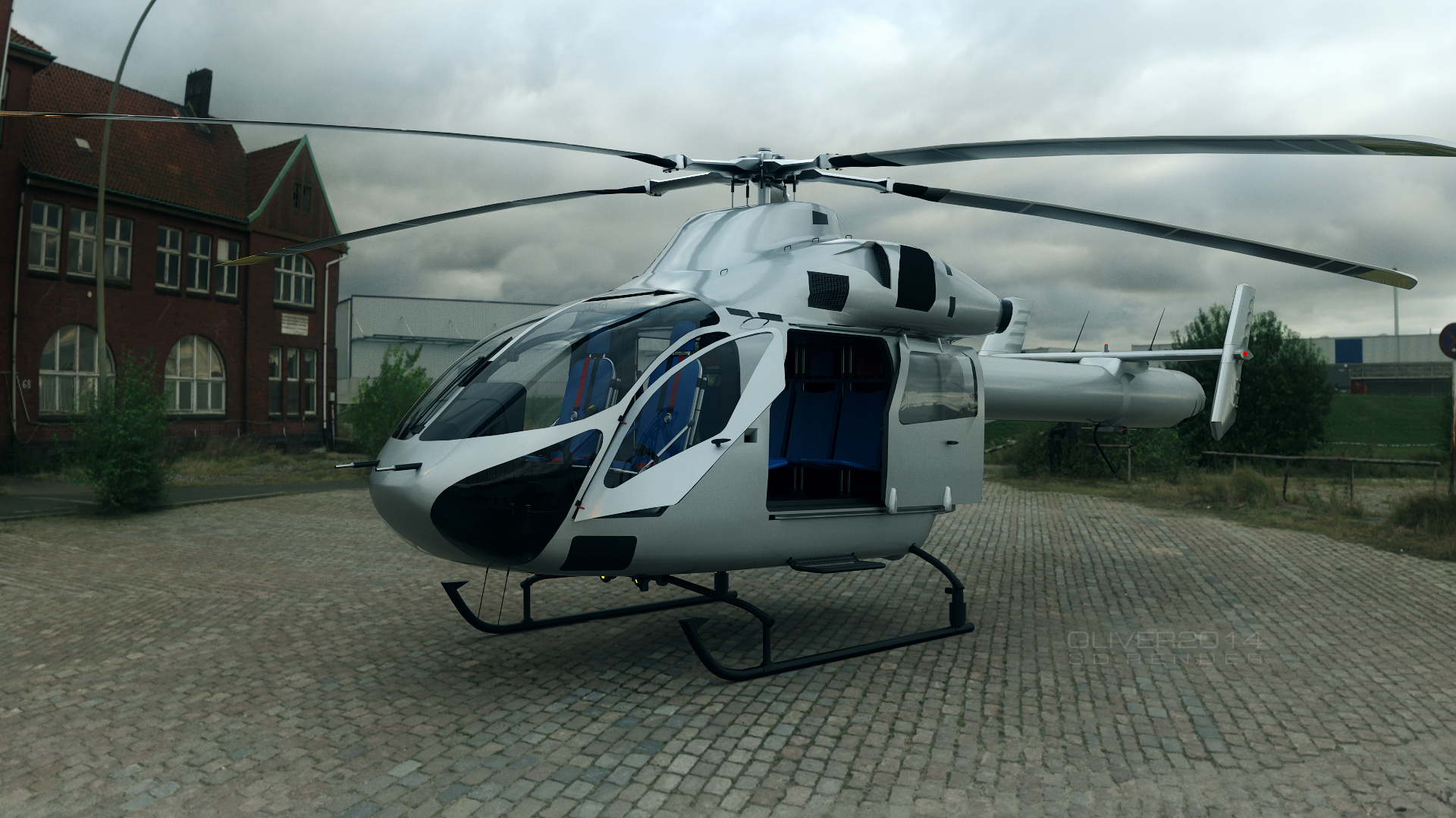 a helicopter parked in front of a house on a cloudy day