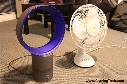 an electric fan sitting next to a remote control