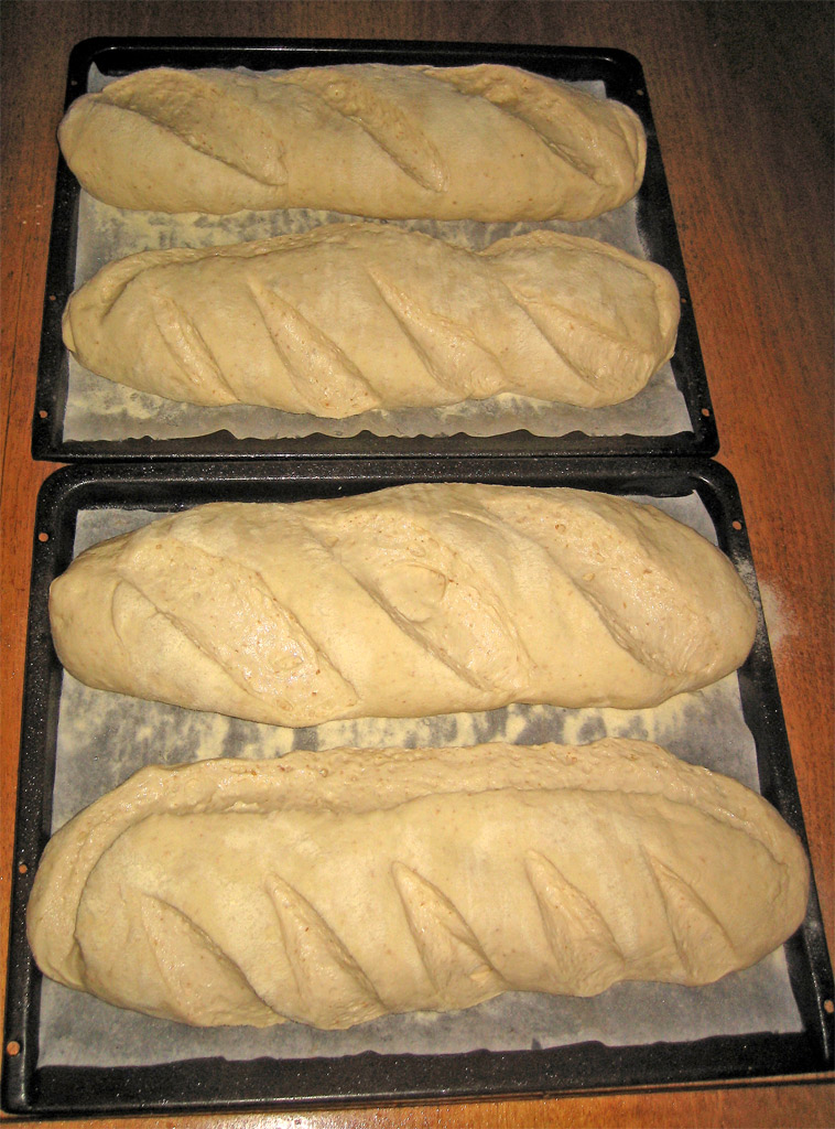 three trays of loaves of bread on top of a table