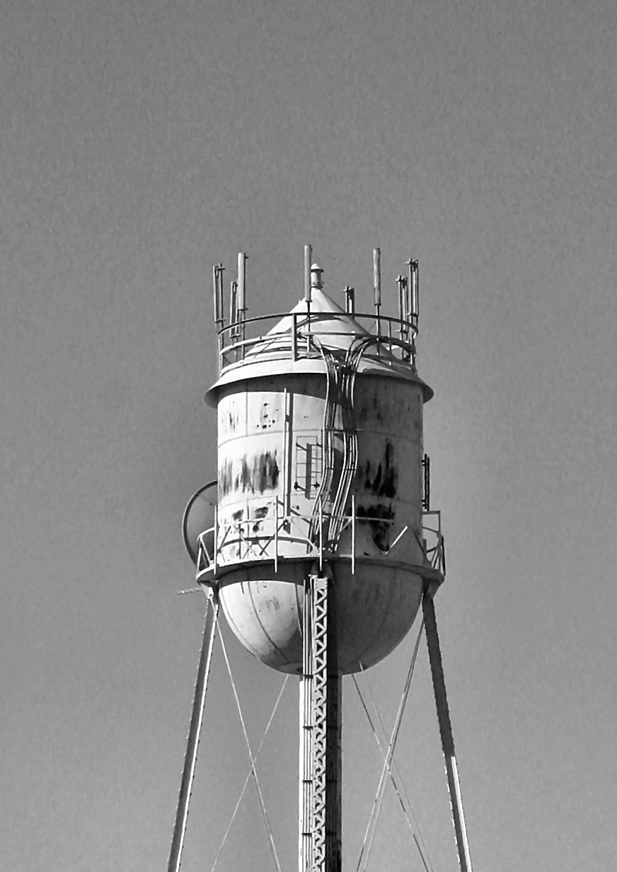 black and white po of a water tower