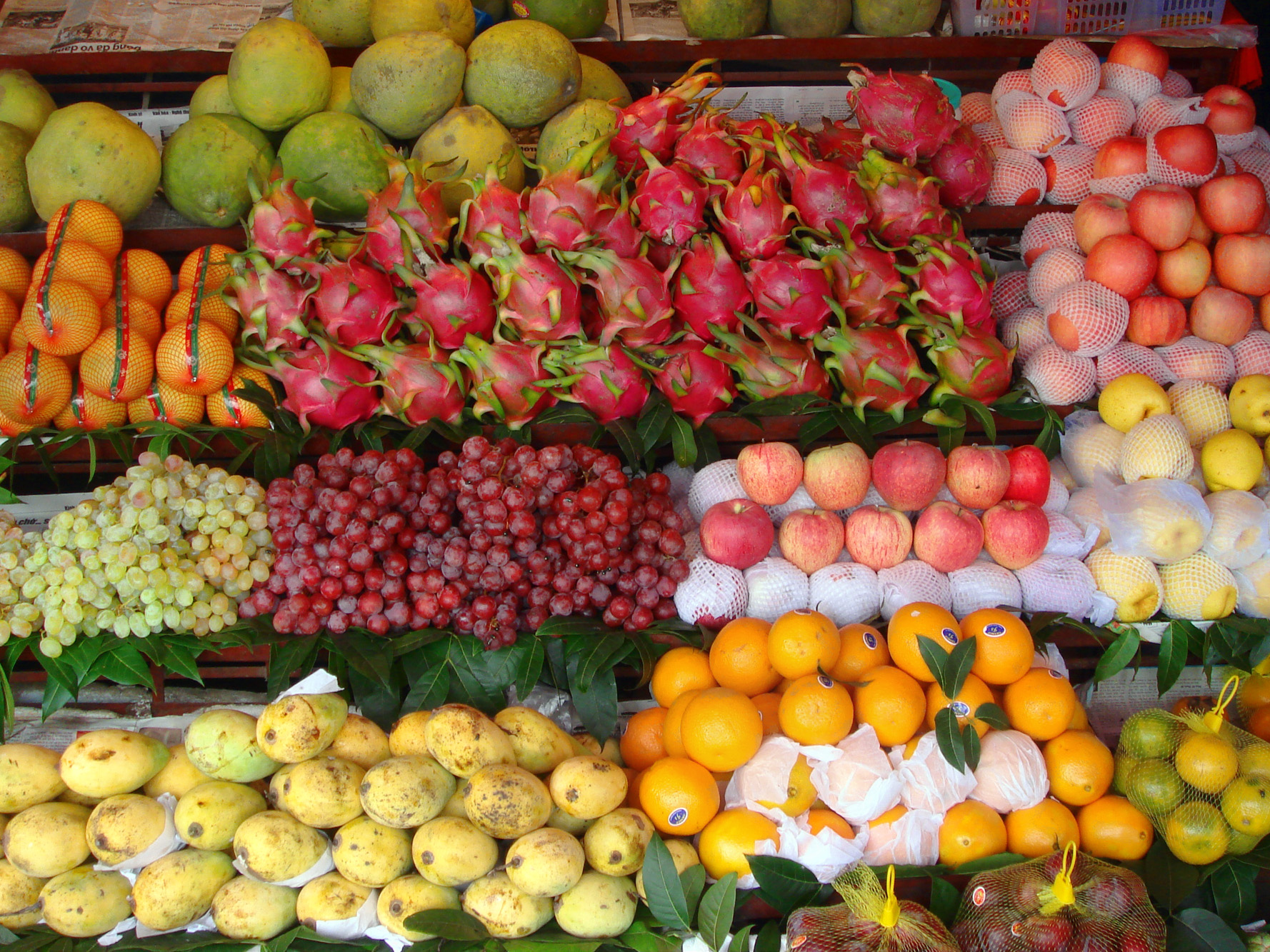 a variety of fruits sit on shelves in a store