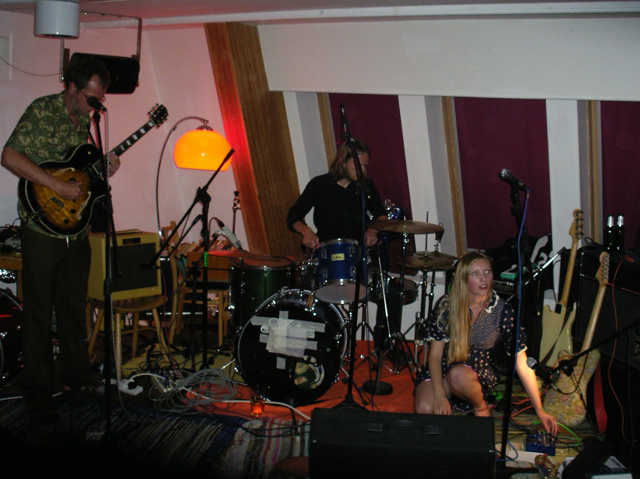 the musician and band are performing in a small room