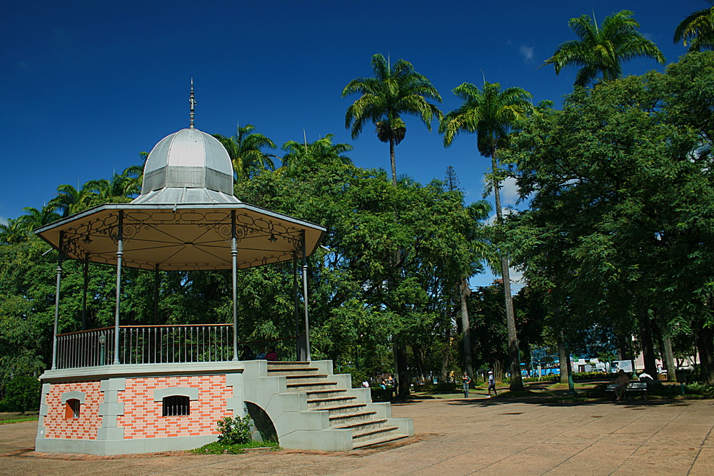 an outdoor gazebo sits near some trees and steps