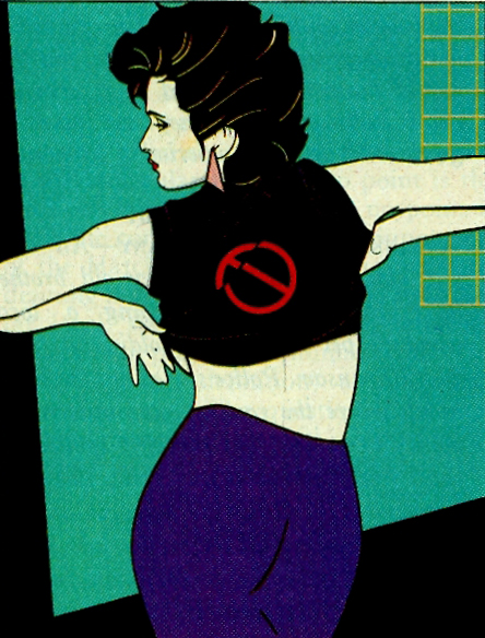 a woman wearing a black shirt and blue pants holding a tennis racket