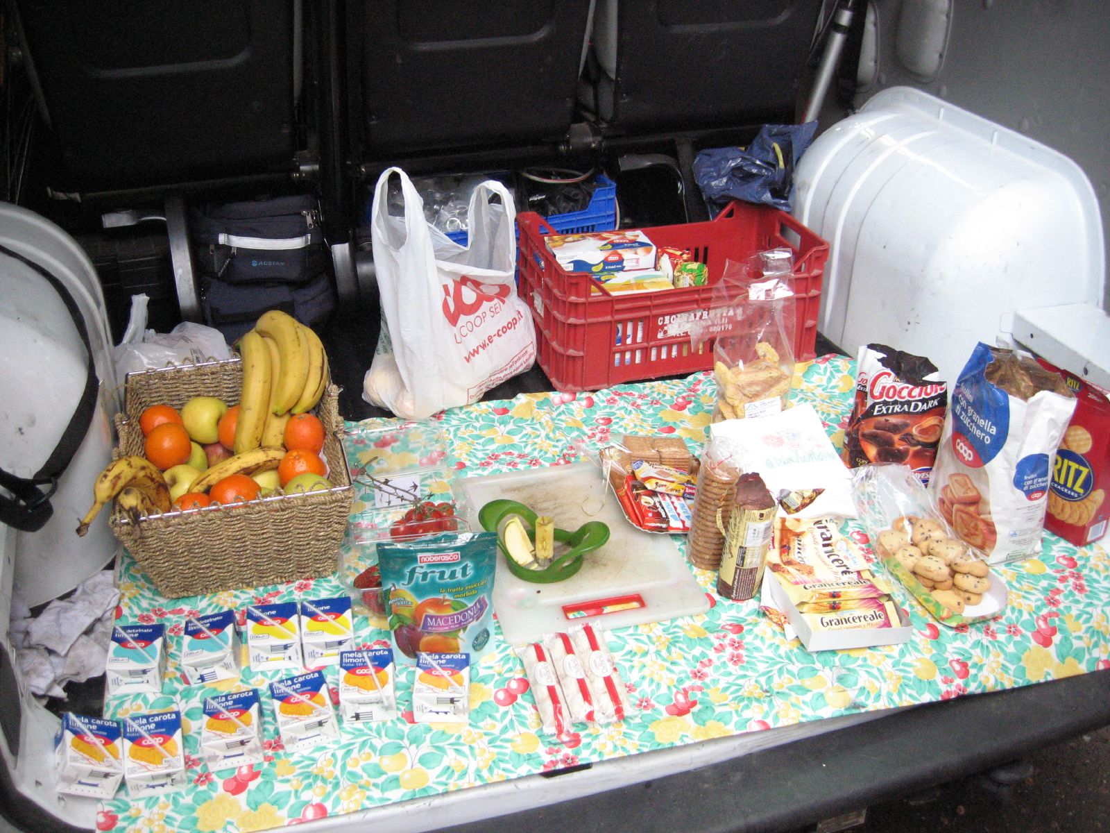 this trunk is filled with lots of food for camping