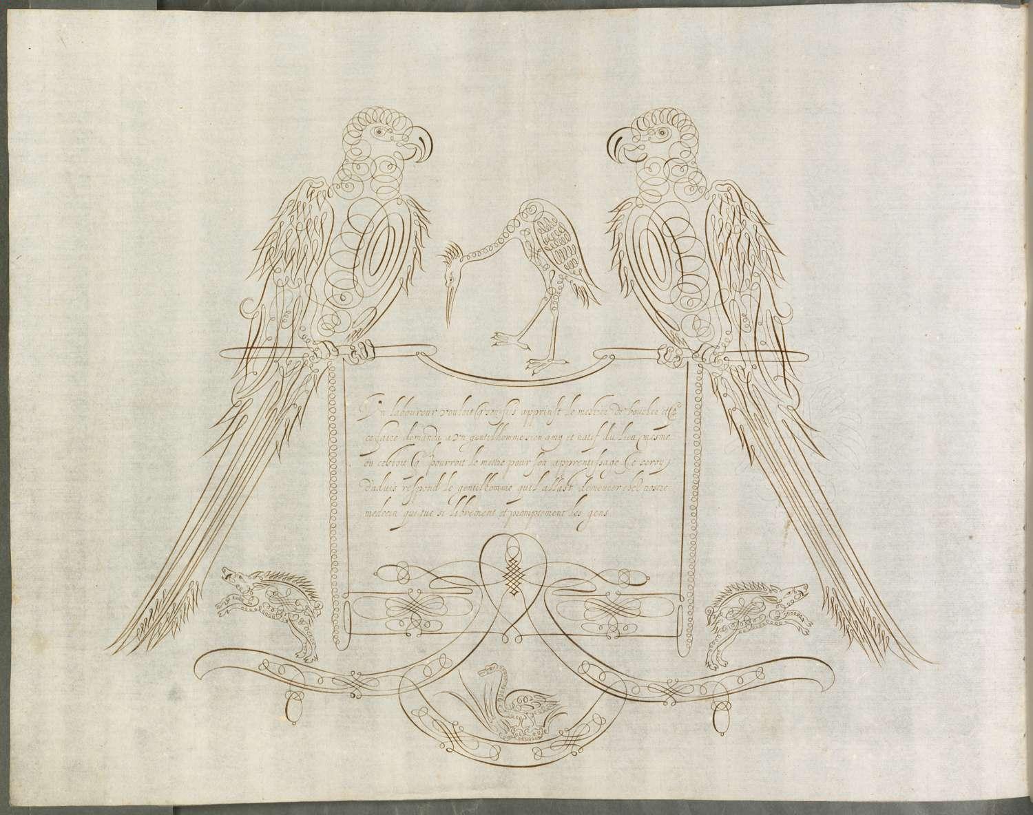an old drawing depicting birds sitting on top of a plaque