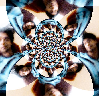 an abstract pograph featuring people in the center of a white, blue and black swirl