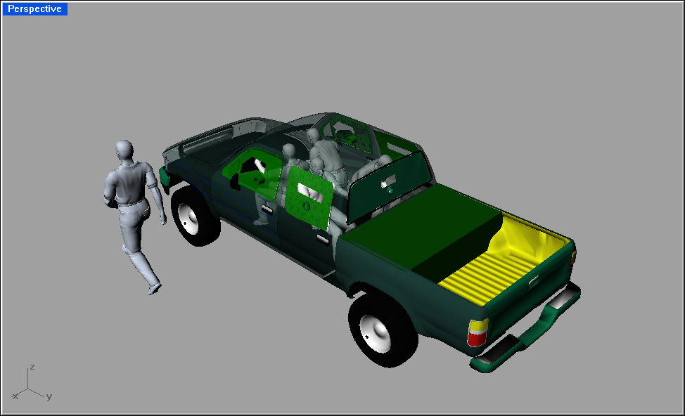 a computer generated image of a green truck and man