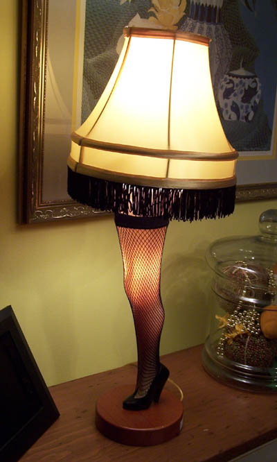 a womans stockings sits underneath the lamp in a room