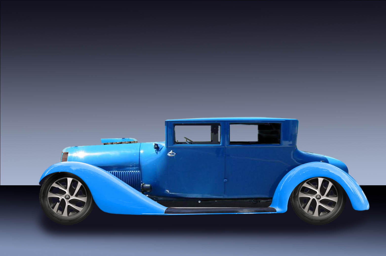 an old blue car is seen in this image