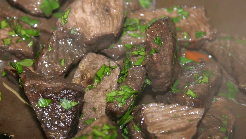 a plate full of meat and green onions