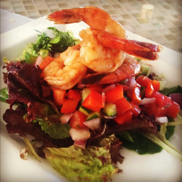 a plate filled with salad and shrimp is on display