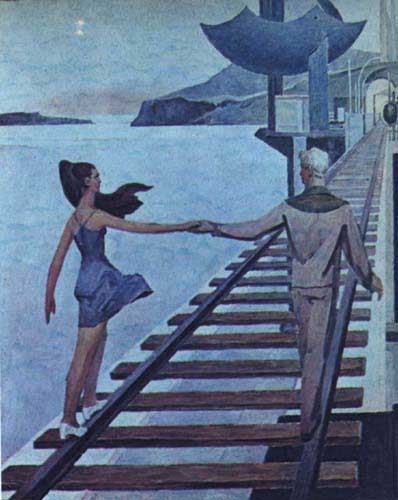 a man and woman holding hands on top of stairs