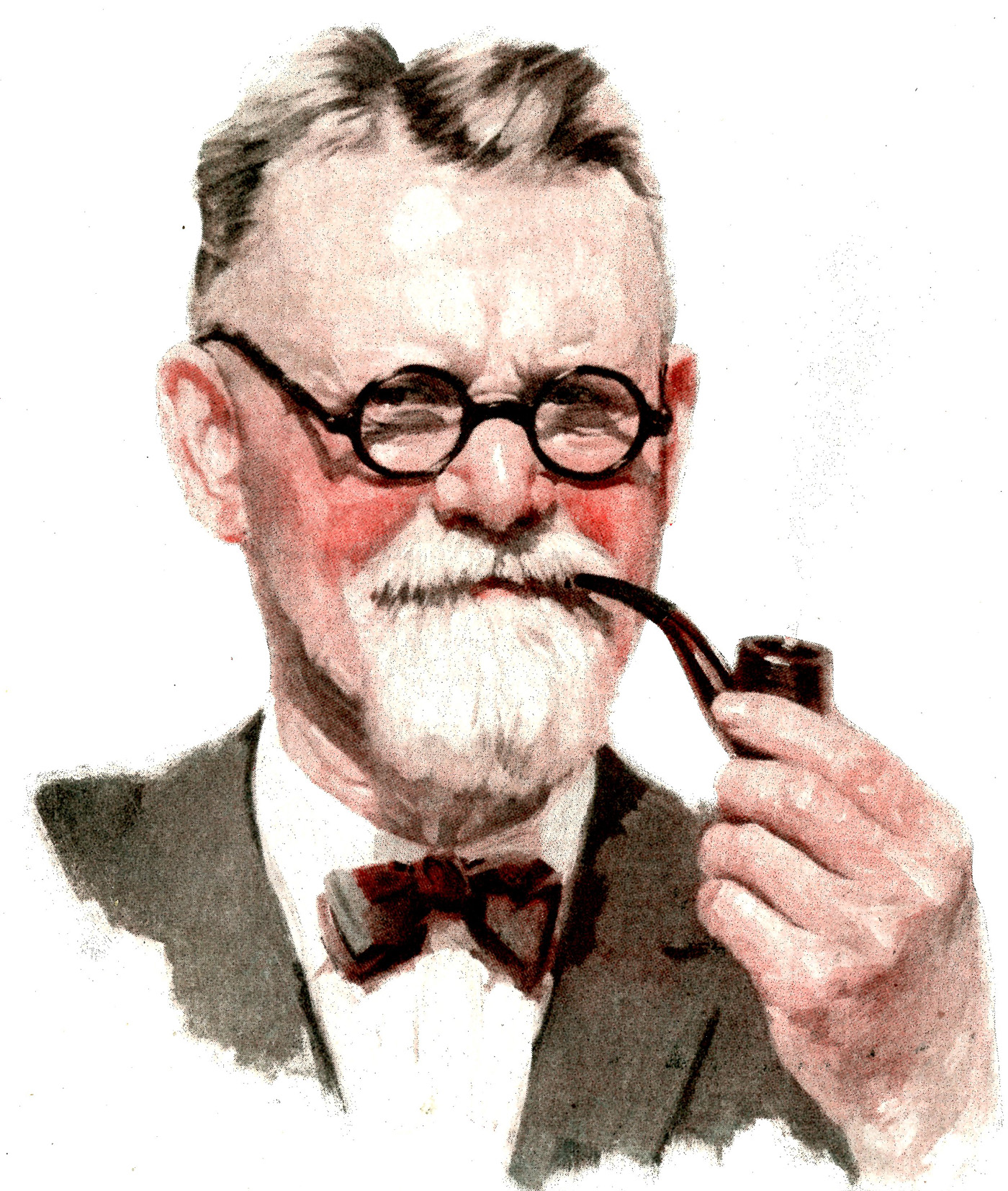 an old man with a beard, glasses and a tie holding a pipe in his hand