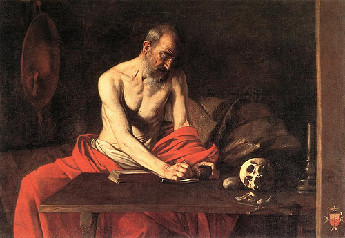 painting depicting an old man sitting on a bench with a skull and human remains in the background
