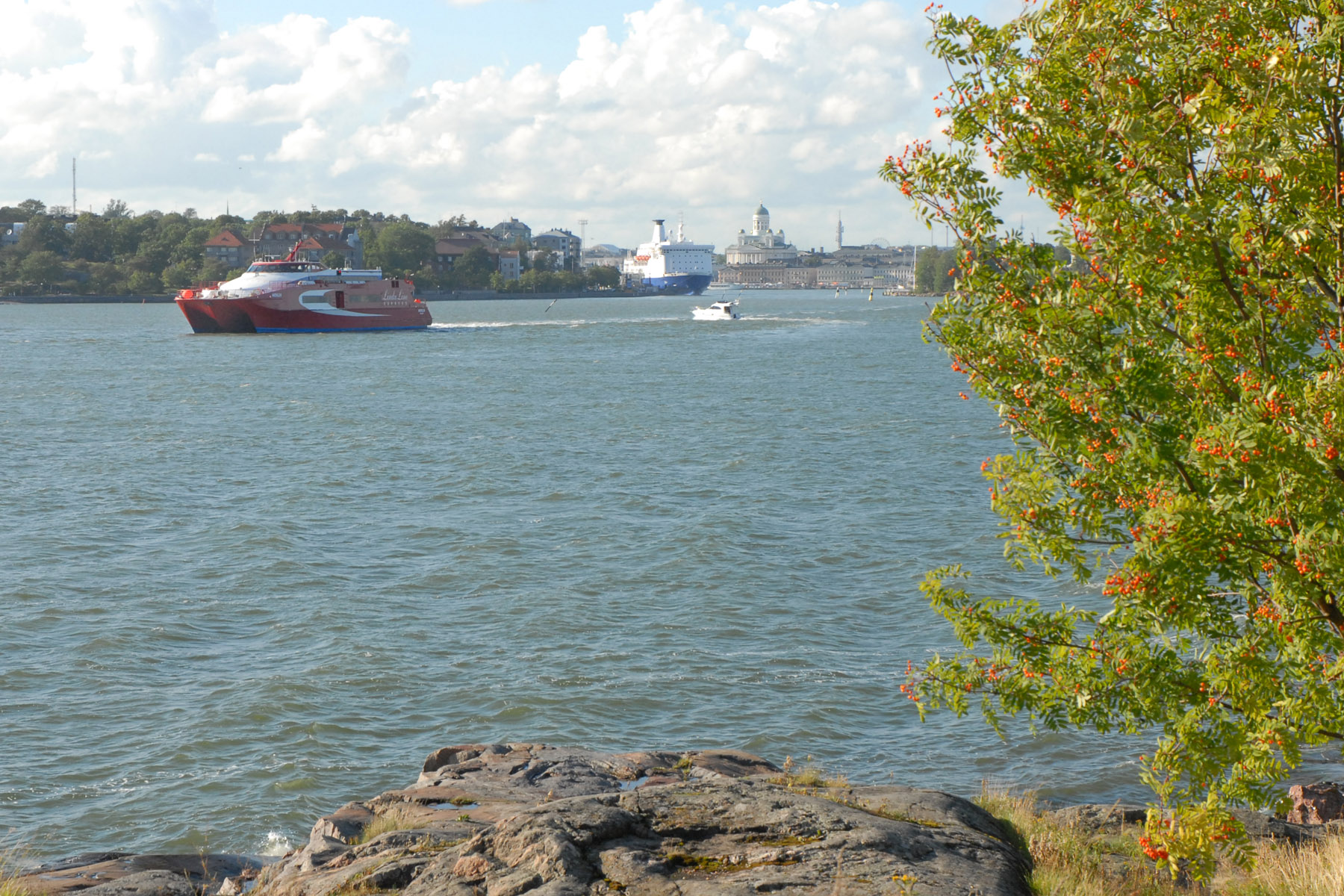 large ships and vessels at sea near a rocky outcropping