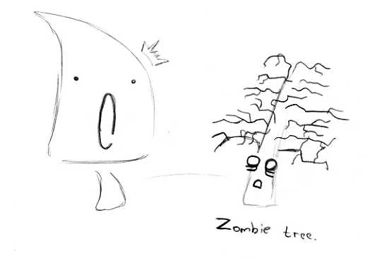 a drawing depicting an illustrated tree and a cartooned figure with a sad face