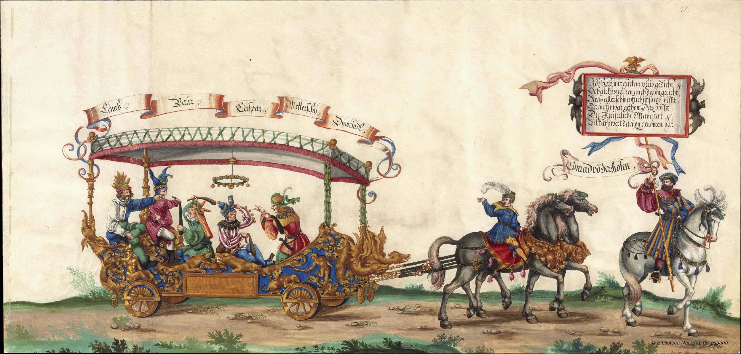 two paintings depicting people riding on horses and carriages