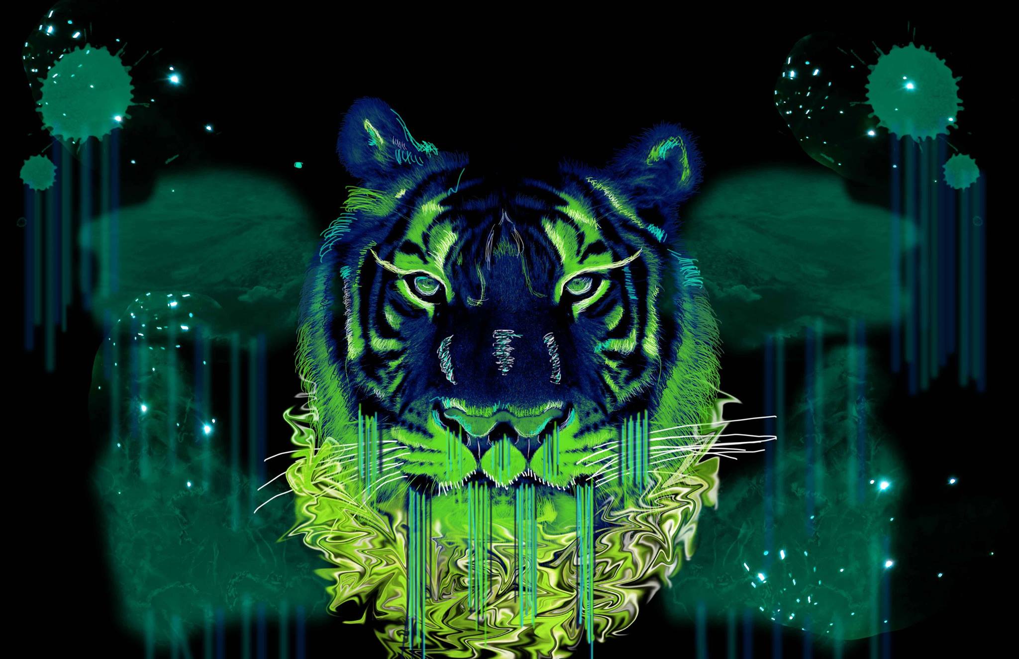 a tiger, surrounded by green and gold droplets