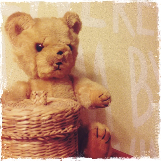 a teddy bear sitting on top of a brown basket