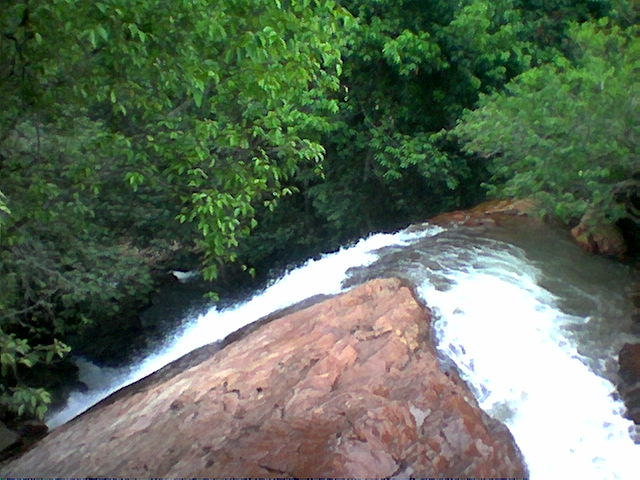 the river flows through the rainforest with huge rocks