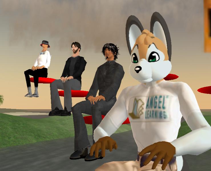 an animated of three men dressed in white sitting outside