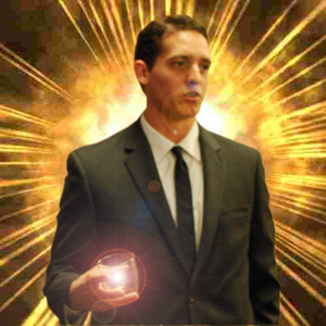 man holding a crystal ball and making light beams