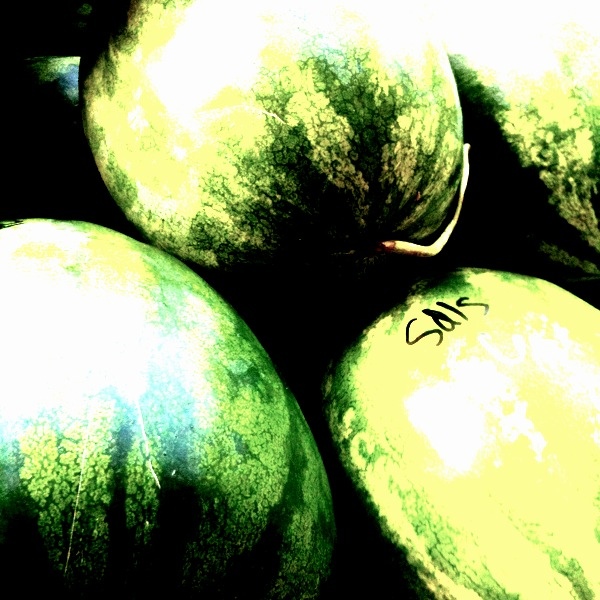 green and yellow watermelons with graffiti are piled up