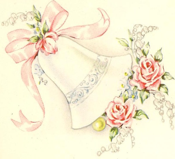 the paper has pink roses on it and a white paper bell