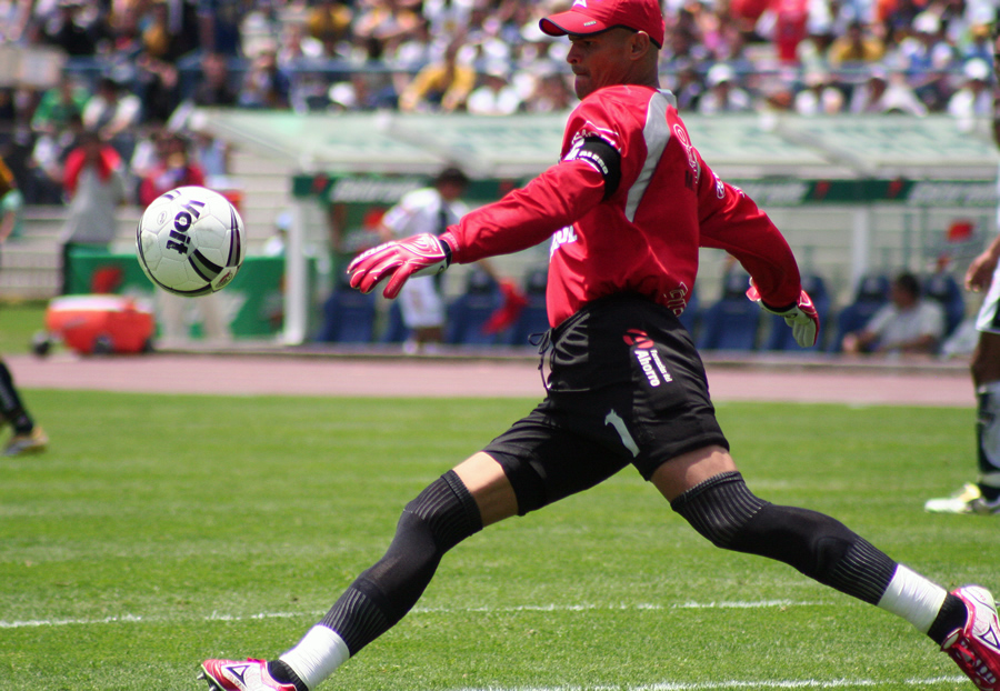 a person standing on the grass with a soccer ball in their hand
