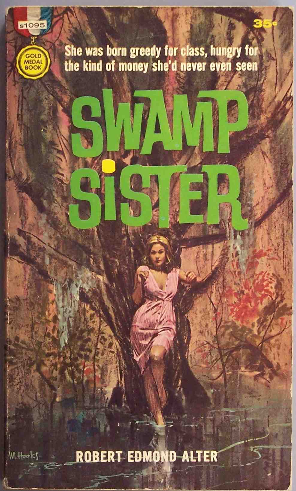 a book cover of swamp sister, with a woman crawling in the trees