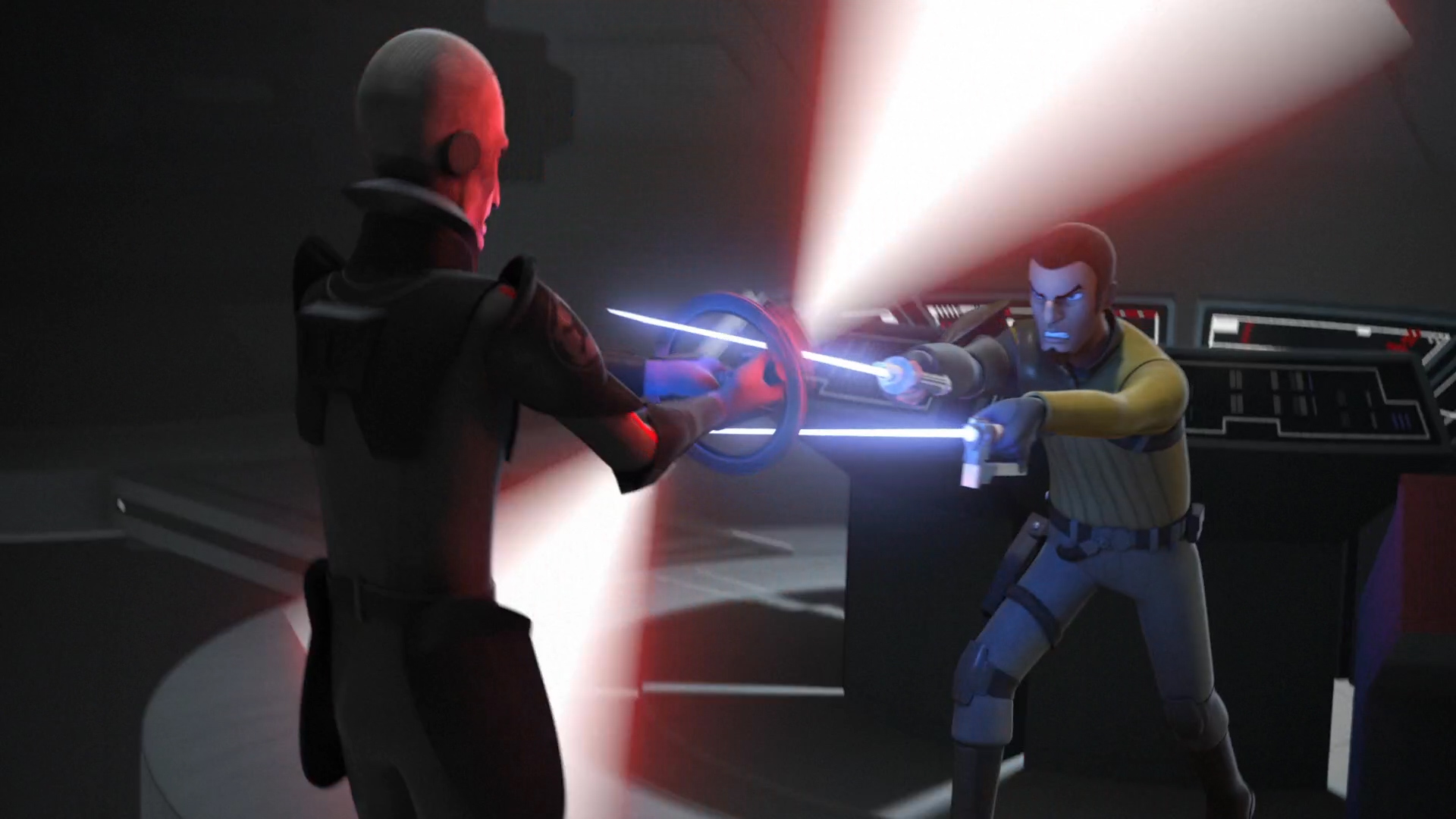 two clone commander characters are fighting in a star wars episode