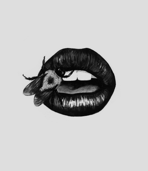 a drawing of a woman's lips with insects on it