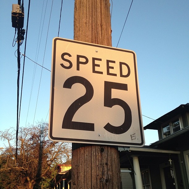 an old street sign indicates speed ahead for this neighborhood
