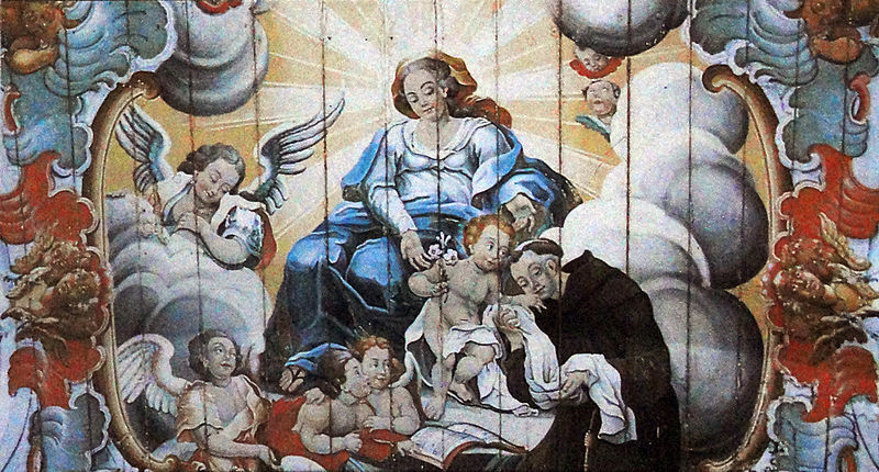 a painting of a man with angels and demons
