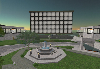 a computer generated rendering of a garden with seating and a fountain