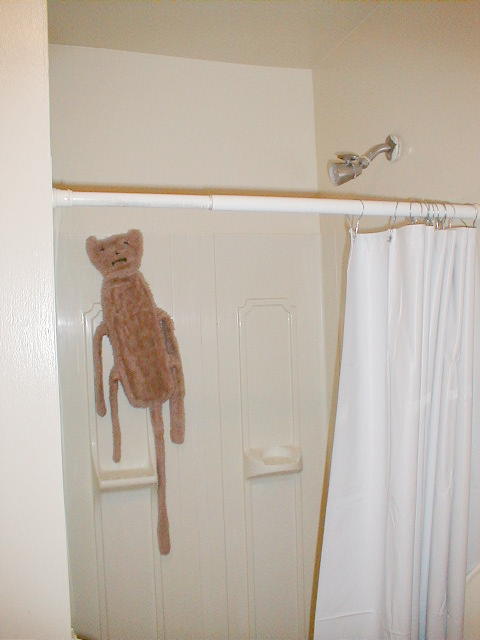 the teddy bear is on the door handle of the shower
