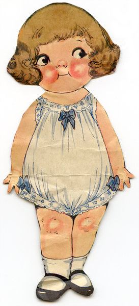 old style paper doll with a short dress and big 